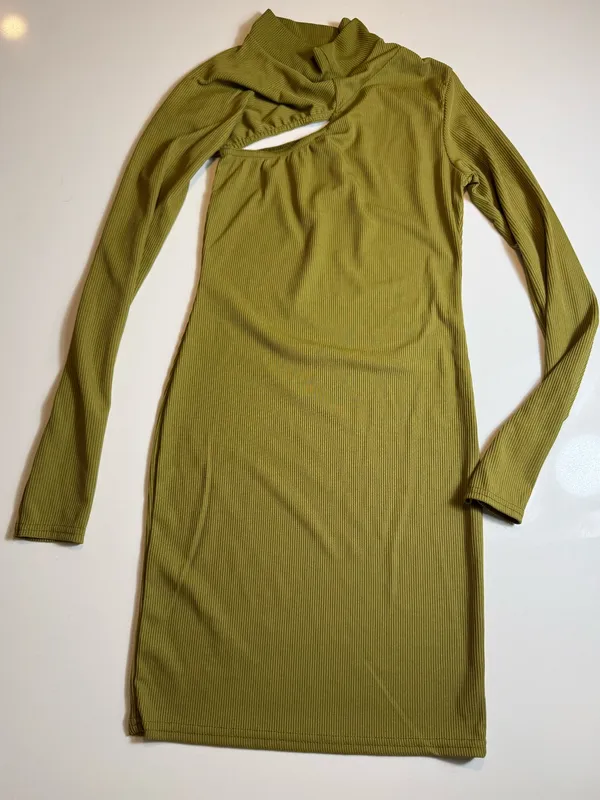 Pretty Little Thing Olive Ribbed Asymmetric One Shoulder‎ Cut Out Bodycon MiniDress Size4 - Image 2