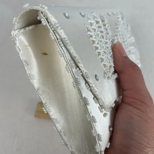 Vintage‎ Beaded Handmade Clutch Evening Handbag Ivory Satin Formal Party Bag - Image 10