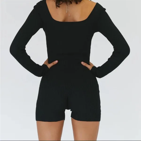 Princess Polly Black Ribbed Long Sleeve Jaden Romper Size Small/Medium - Image 2