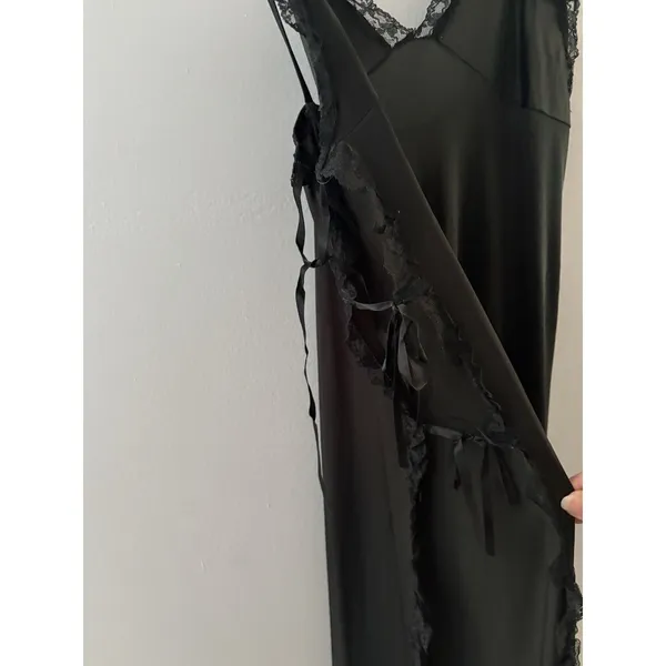 Vintage Miss Selfridge Sheer Slip Dress Black Lace Cut Out Side Nightgown - Image 5