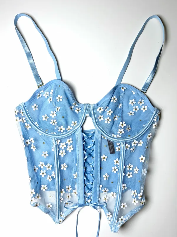Lace Fairycore Romantic Corset Bustier Cami Top Size Small Blue Daisy Floral - Image 3