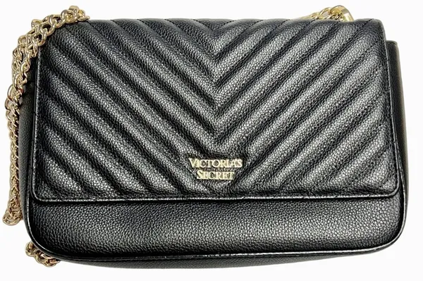 Victoria's Secret Pebbled V-Quilt Shoulder Bag Crossbody Purse Black Pre-Loved - Image 3