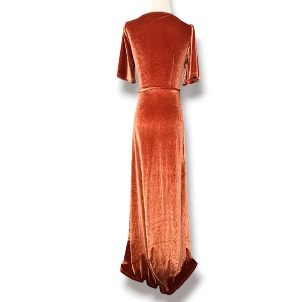 Baltic Born Katelyn Velvet Maxi Wrap Dress Cinnamon Rust XS Short Sleeve Gown - Image 6