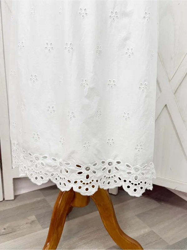 Old Navy White Eyelet Fit Flare‎ Midi Dress Small Sundress Cottagecore Cotton - Image 8