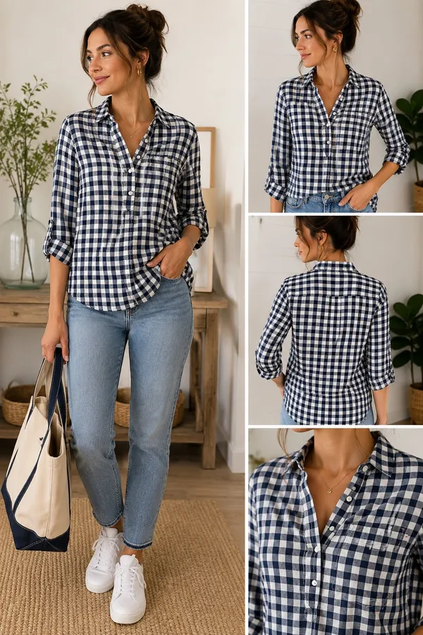 Tommy Hilfiger Navy and White Gingham Button-Down Cotton Shirt S NWOT - Image 2