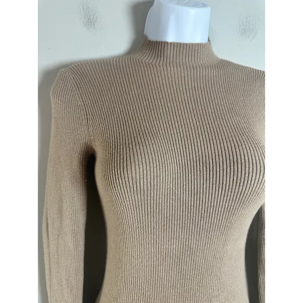 Dress Forum Tan Ribbed Mock Neck Long Sleeve Midi Bodycon Sweater Dress FW4770PB - Image 4