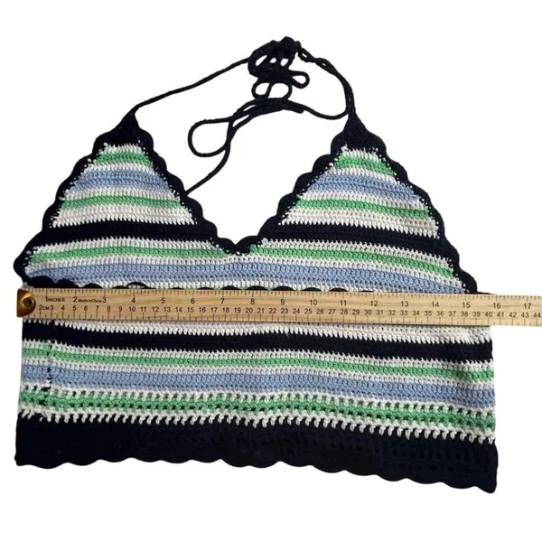 Aerie Women's L Multicolor Striped Crochet‎ Halter Crop Top Summer y2k - Image 6