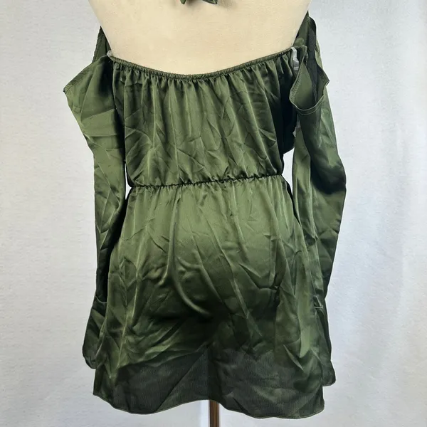 New PRETTYLITTLETHING Khaki Satin Cowl Cold Shoulder Bodycon MiniDress‎ Green 4 - Image 9