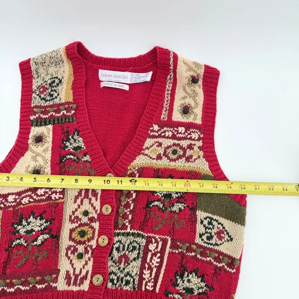 Robert Scott Ltd Womens Red Patchwork Floral Hand Knit Linen‎ Cotton Vest Large - Image 5