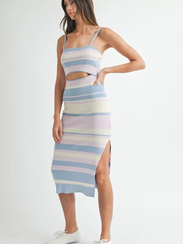 Multi Color Striped Front Cut Out Knit Midi Dress - Image 5