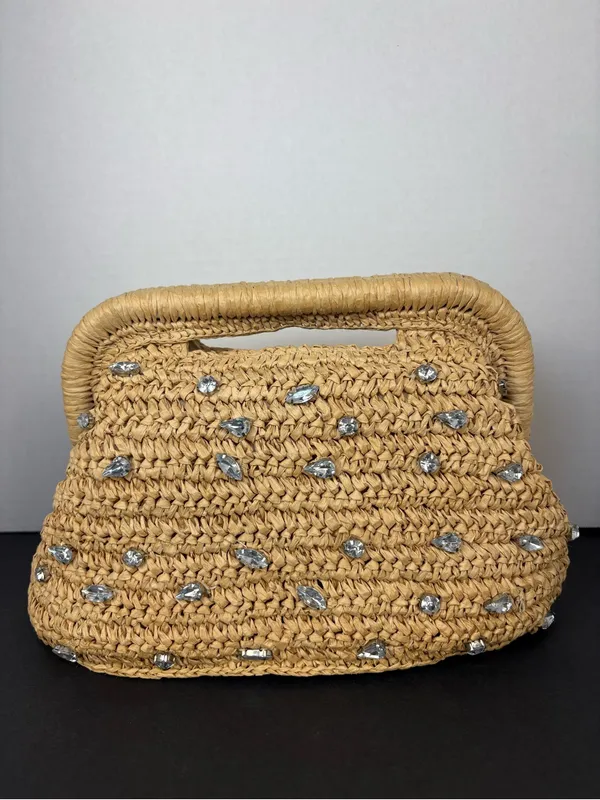 Kelly & Katie Straw Clutch Bag in Natural with crystal embellishments - Image 4