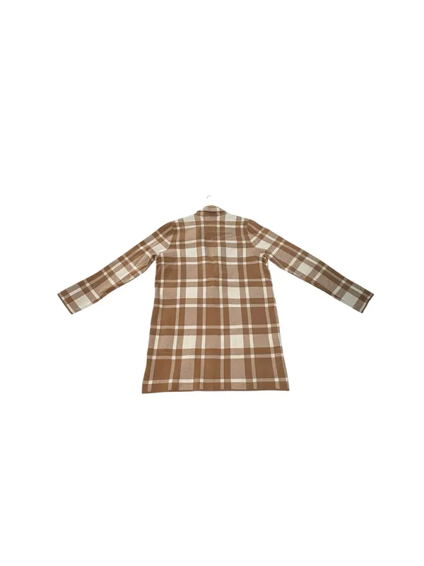 Christian Siriano Women L Plaid Knit Blazer Tan Cream Longline Preppy Office - Image 7