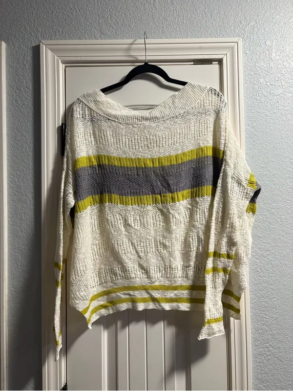 Free People Sweater Womens Large Cream Striped Open Knit Boho Scoop Neck Pullo - Image 6