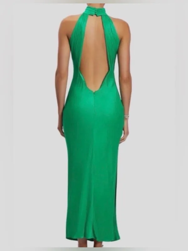 NWT Meshki Claire drape back Dress Green maxi satin open back size XS halter - Image 3