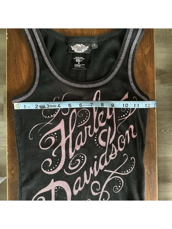 Harley Davidson Womens Small Black Ribbed Tank Top Pink Graphic Rhinestones Y2K - Image 5