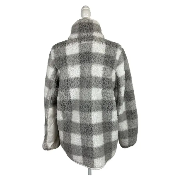 Abercrombie Sherpa Check Fleece Plaid Full Zip Jacket Coat Gray and White Size Medium - Image 11