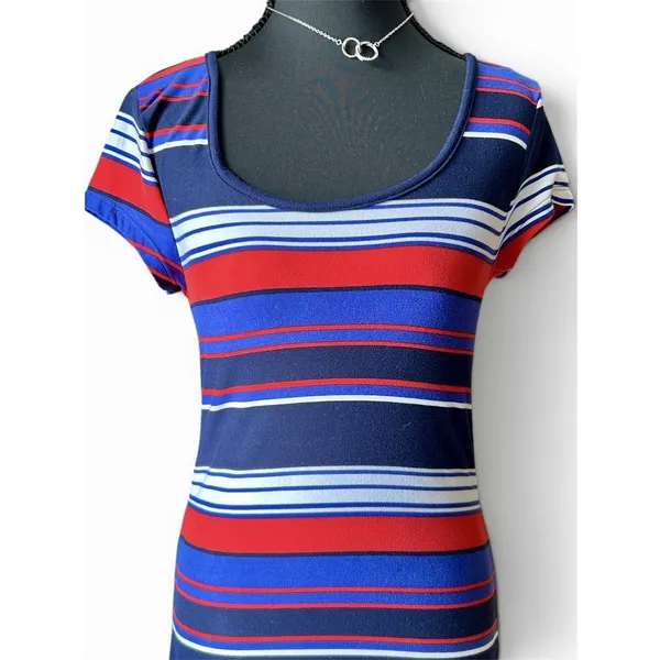 Derek Heart Striped Maxi Dress Med Blue Red White Jersey Knit Short Sleeve VGUC - Image 3