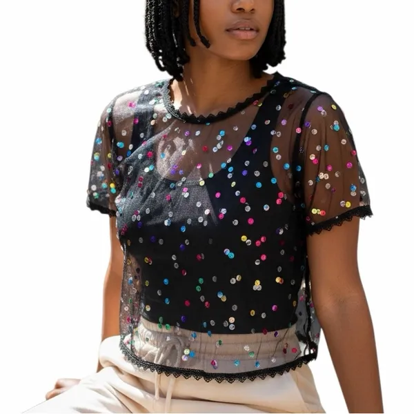 SheIn Black Mesh Boxy Sequin Top Sheer Evening Size 0XL - Image 7