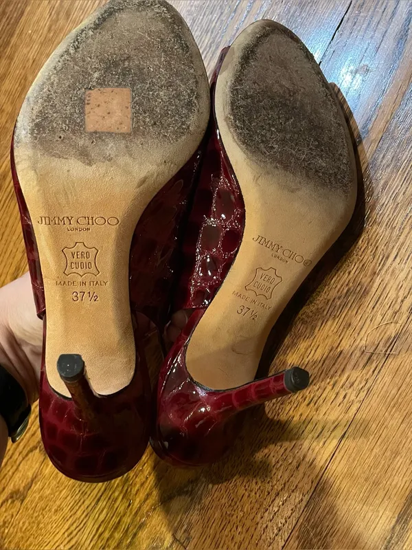 Jimmy Choo Trellis Bordeaux Croc Patent Leather Slingback Heels Women Size 37.5 - Image 7