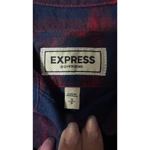 Express Boyfriend Flannel Shirt Womens Small Navy Blue Red‎ Plaid Button Up Top - Image 2