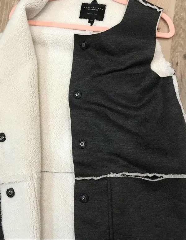 Sanctuary Sherpa Lined Vest Faux Suede Long Grey Pocket Snap Button small - Image 6