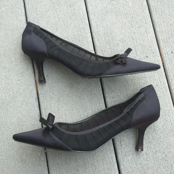 Metaphor Satin and Mesh Pointed Toe Heels with Bow - Image 8