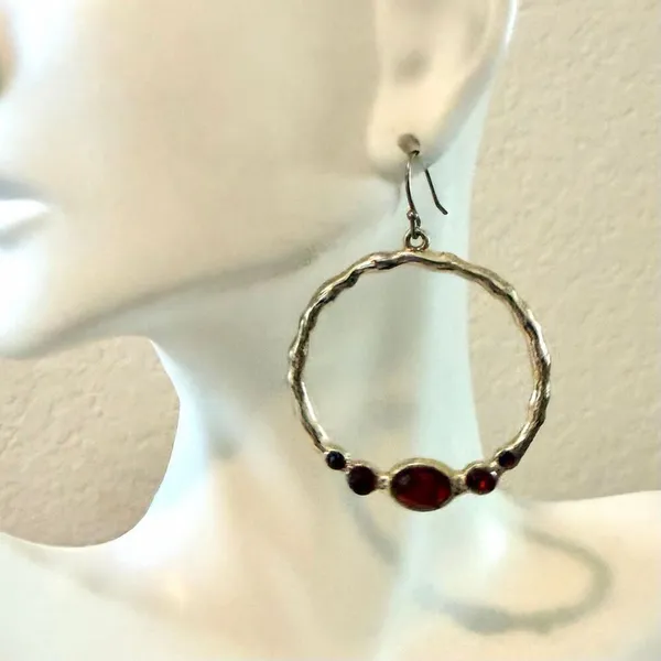 Avon Vintage Silver Tone Red Rhinestone Hoop Earrings - Image 3