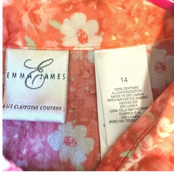 Emma James Size 14‎ Floral Button Down Shirt Peachy Pink 3/4 Sleeve Blouse - Image 3