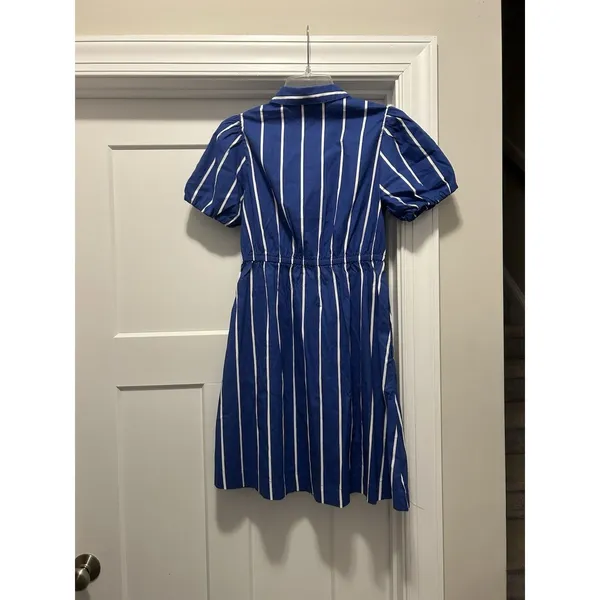 New J.Crew Size 00 Collared Short-sleeve Tie-waist Mini Dress Blue White Stripe - Image 7