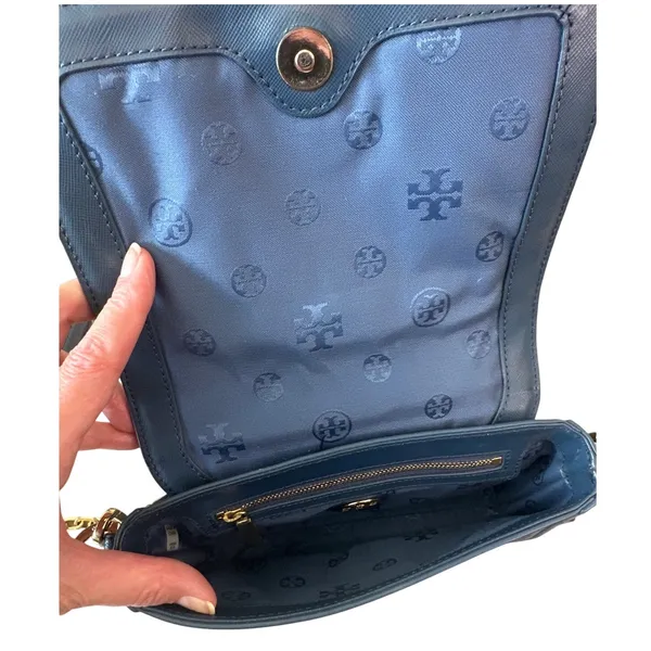 Tory Burch Robinson Patchwork Chain Crossbody Blue Leather Purple Suede‎ - Image 14