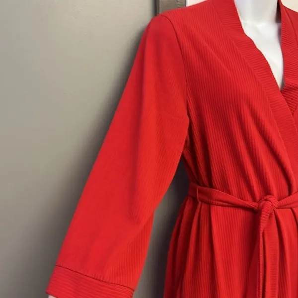 Vintage Vanity Fair Vibrant Red Full-Length Ribbed Wrap V-Neck Robe with Belt-Sm - Image 5