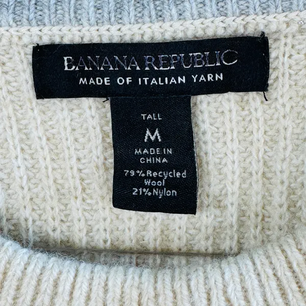 Banana‎ Republic Italian Yarn Wool Blend Sweater Beige M Tall Ribbed Crew Neck - Image 3