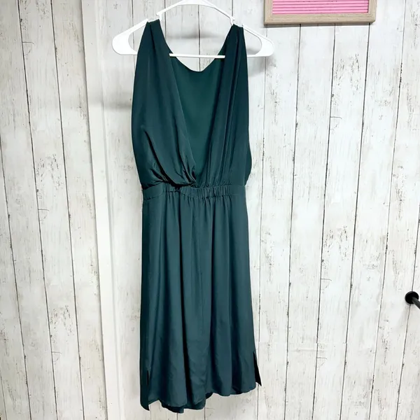 Club Monaco 100% Silk Sleeveless Forest Green Snatched‎ Mini Dress Size 0 - Image 2