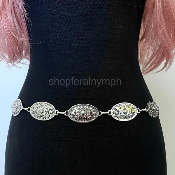 Silver Y2K Western Floral Oval Concho Chain Belt, Fits 25-44 Inches, X7GA1363 - Image 4