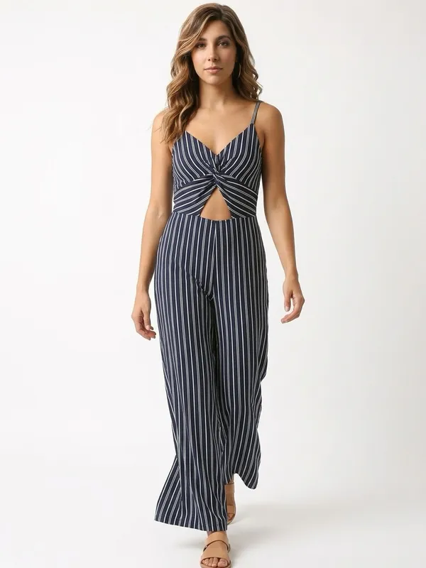 Hollister Navy & White Vertical-Striped Knot Waist Jumpsuit - Image 2