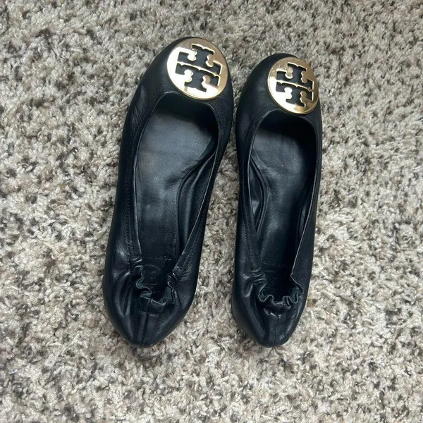 Tory Burch Black Flats with Gold Logo - Image 2