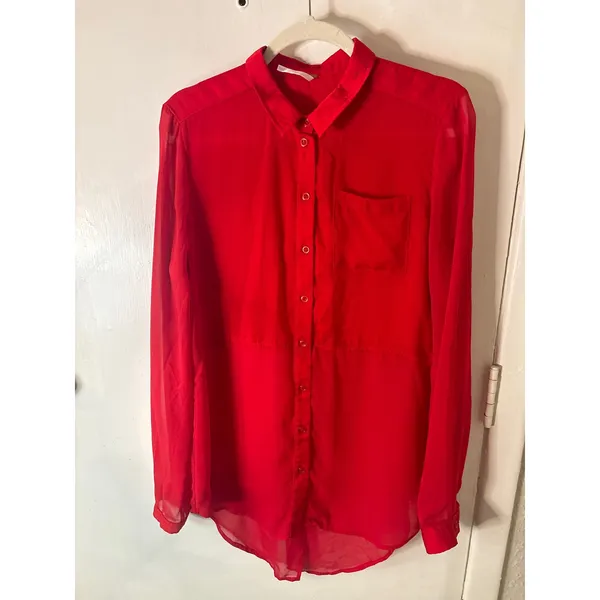 Free People Sheer Button Down Red Blouse M Cherry Girl Boho Coquette Holiday - Image 5
