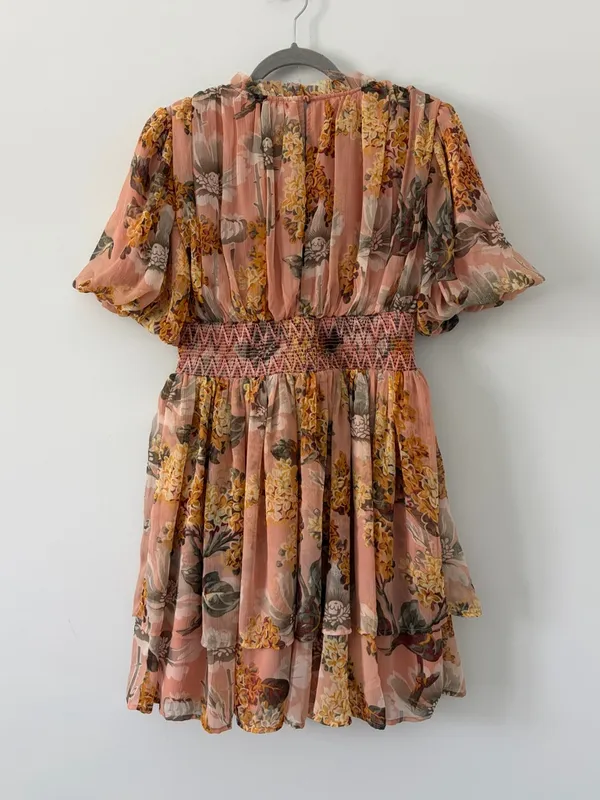Anthropologie Not So Serious Amaranth Puff Sleeve Floral Tiered Boho Mini Dress - Image 3
