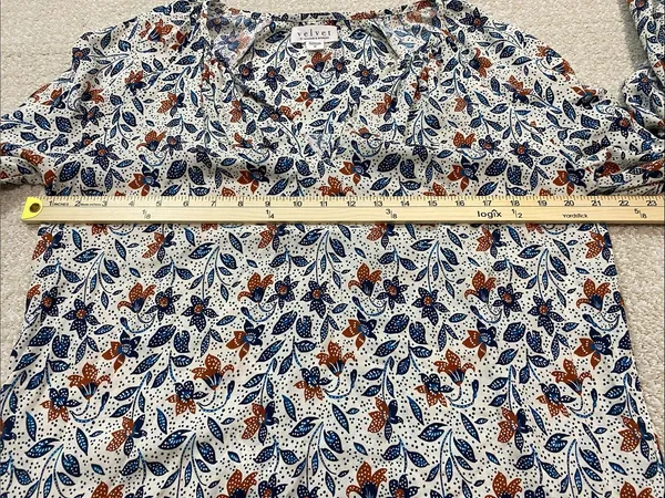 Velvet by Graham & Spencer White Floral V-Neck Blouse with Blue & Brown Accents - Image 10