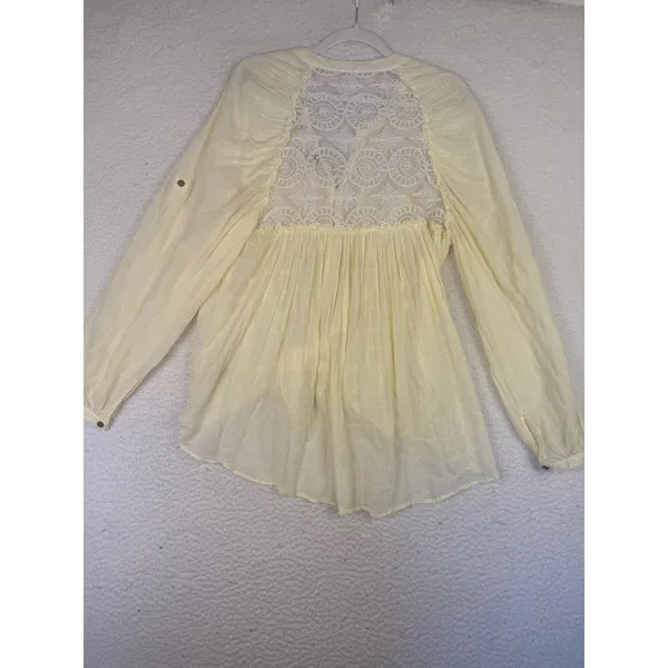 Free People Blouse Womens Small Yellow Sheer‎ Crochet Lace Boho Indie Cottage - Image 3