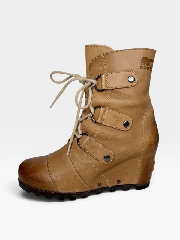 Sorel Joan of Arctic Wedge Distressed Light Brown Leather Ankle Boots SZ 6.5 - Image 4