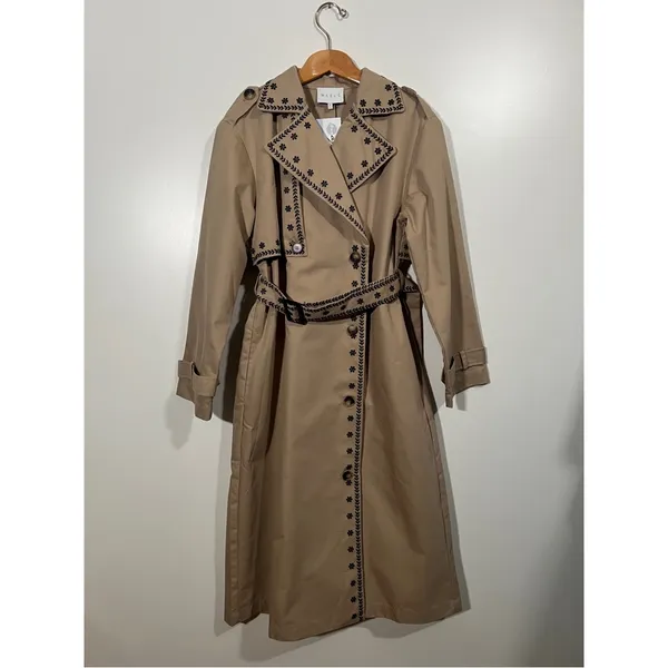 NEW Mable Embroidered Trench Coat Sz Medium Taupe and Black Neutral - Image 2