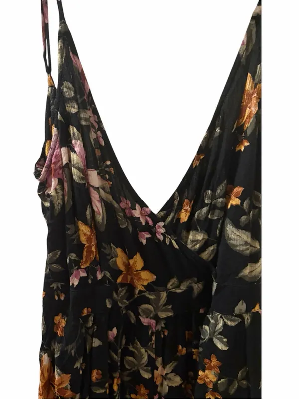 American Eagle Black Floral V-Neck Spaghetti Strap Jumpsuit - Image 2