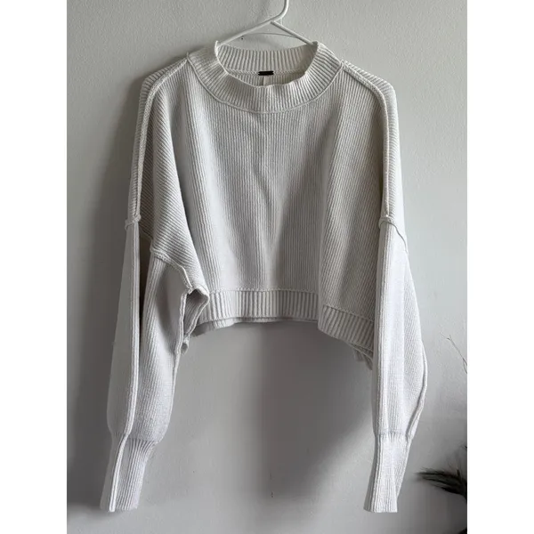 Free People Women Cream Ribbed Knit Cropped Crew Neck Sweater Large 4180 - Image 2