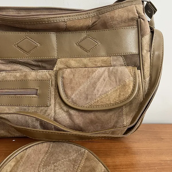 Patchwork Soft Leather & Suede Handbag Purse Shoulder Bag & Coin Purse Tan Brown - Image 2