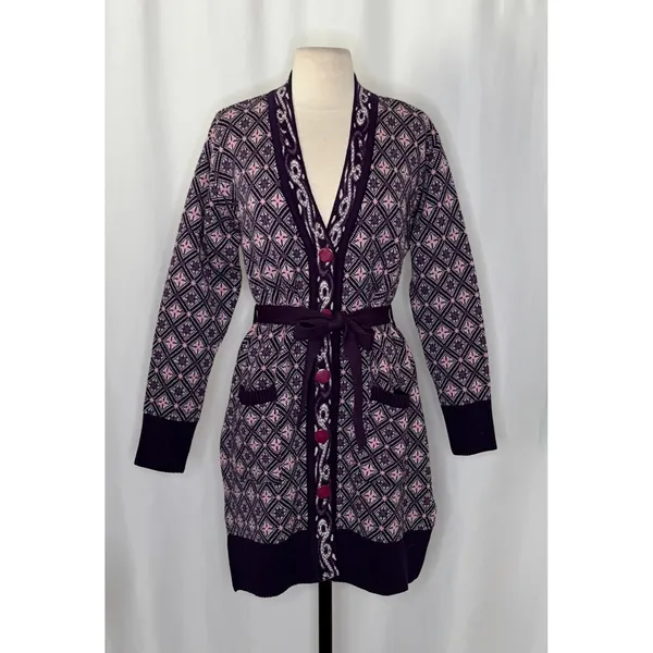COSY WOOL‎ by Elson Purple Geometric Cardigan Sweater Belted Tie Waist Size 38 - Image 2