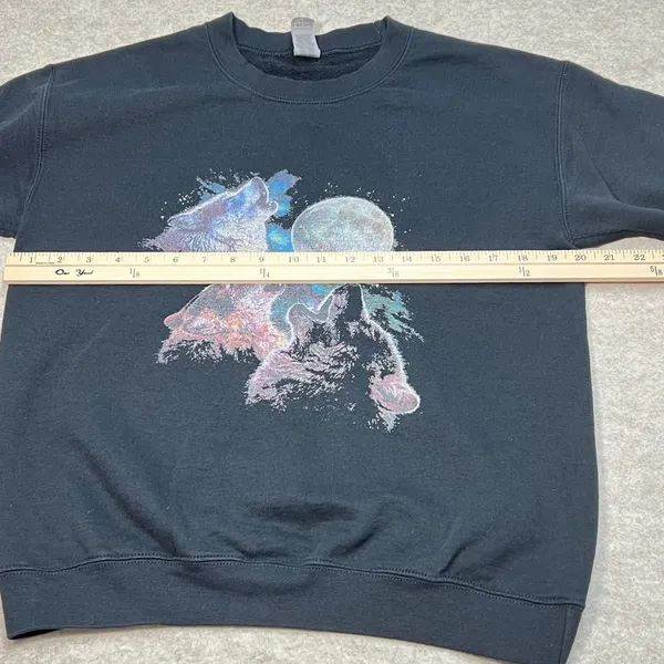 Vintage 90s Y2K Gildan Heavy Blend Howling‎ Wolves Moon Graphic Black Small - Image 7