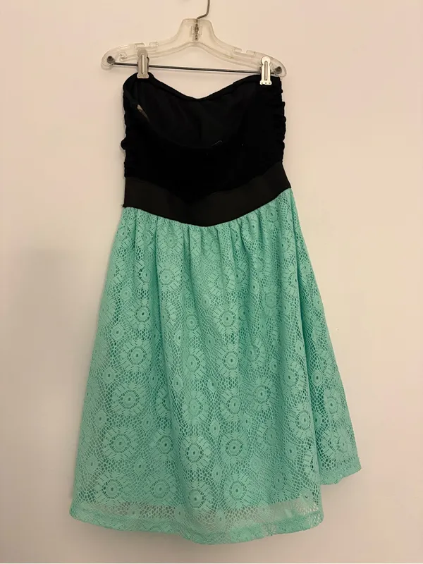 Strapless Black & Mint Lace Mini Dress - Image 2