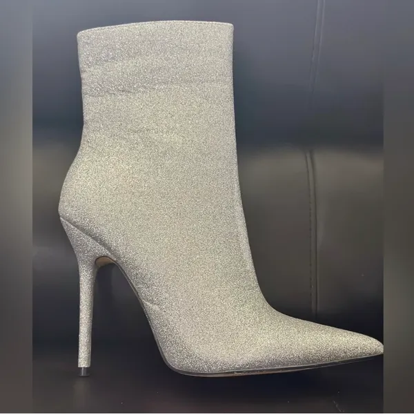 EGO DEVOTED POINTED TOE STILETTO HEEL ANKLE BOOT IN SILVER GLITTER - Image 2