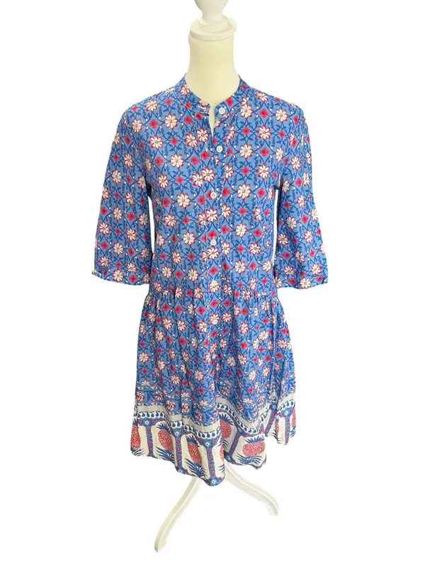 Tuckernuck Blue Floral Block Print Cotton Mini Dress XS Boho Preppy Cottagecore - Image 2